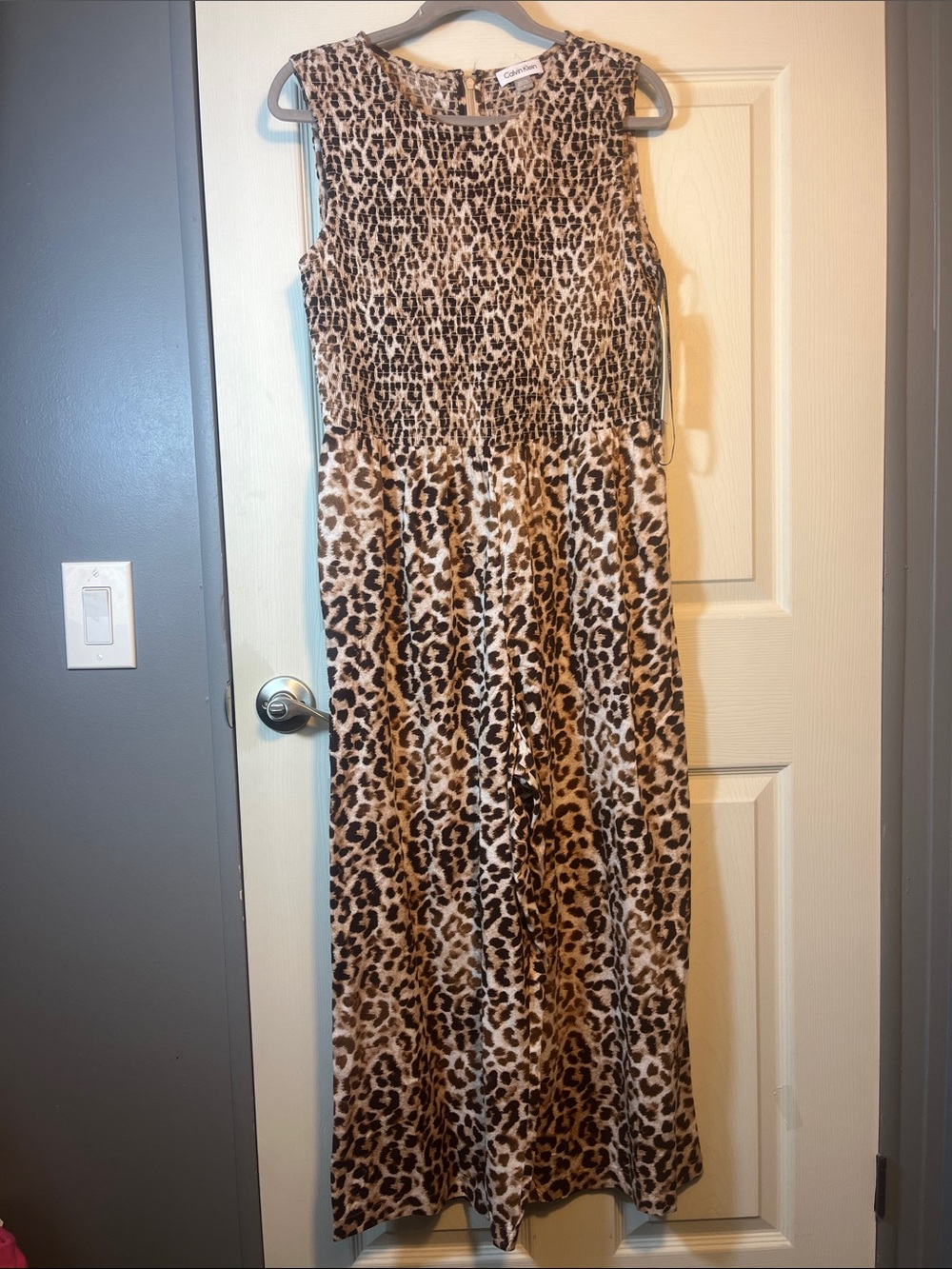 Calvin Klein Sleeveless Leopard-Print Wide-Leg Jumpsuit in Brown and Black